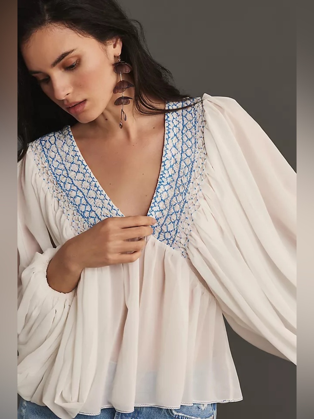 Anthropologie Sheer Smocked Babydoll Top